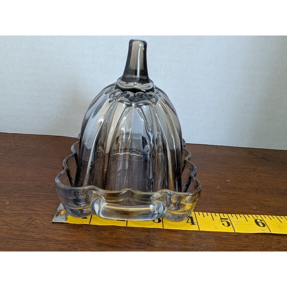 Ribbed Glass Domed Blue & Brown Ribbed & Scalloped Butter Dish - Picture 2 of 3